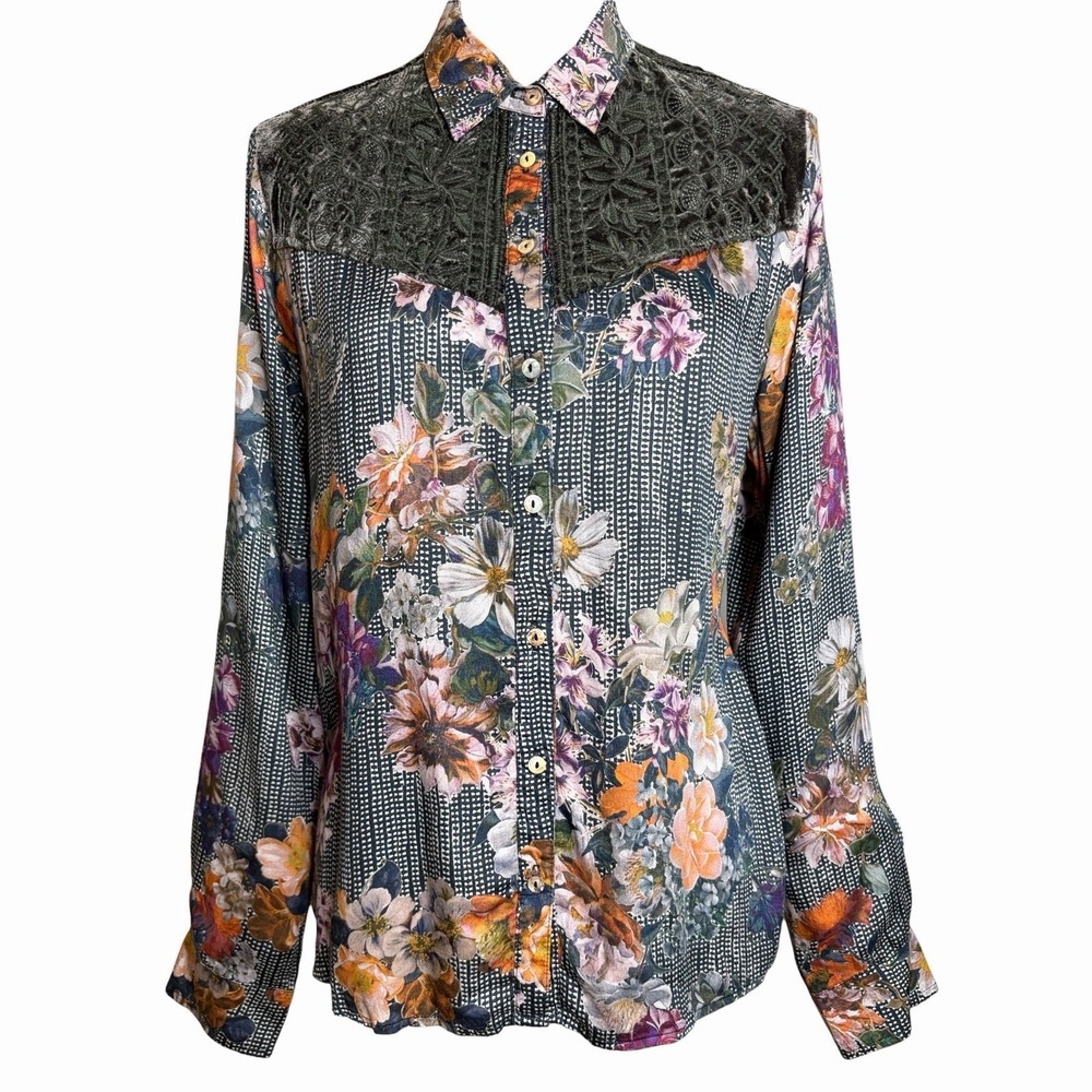 Johnny Was Silk Blend Top S Green Purple Floral Velvet Whimsigoth Boho Shirt - Picture 3 of 13